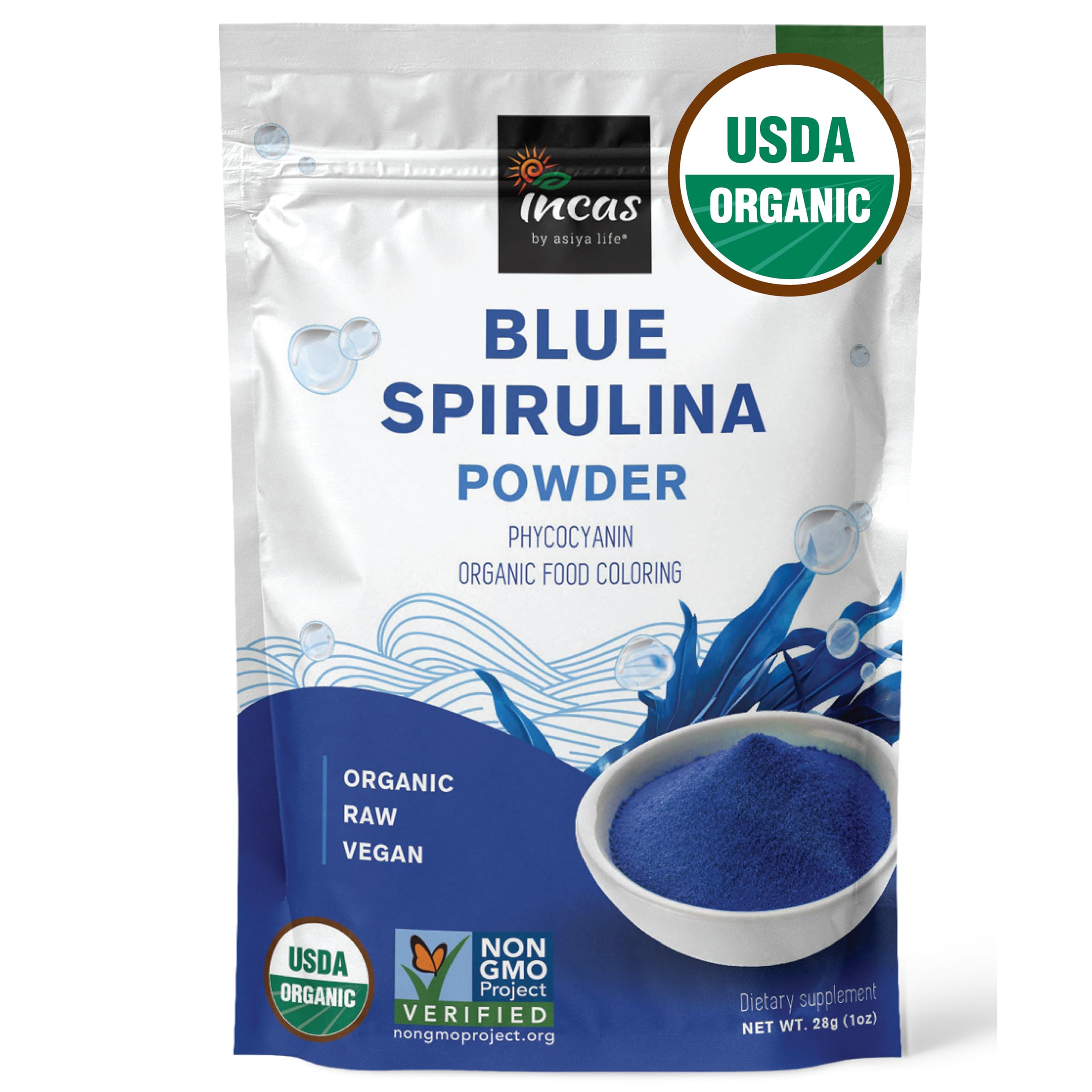 Incas Blue Spirulina powder tub front showing vibrant blue color for smoothies