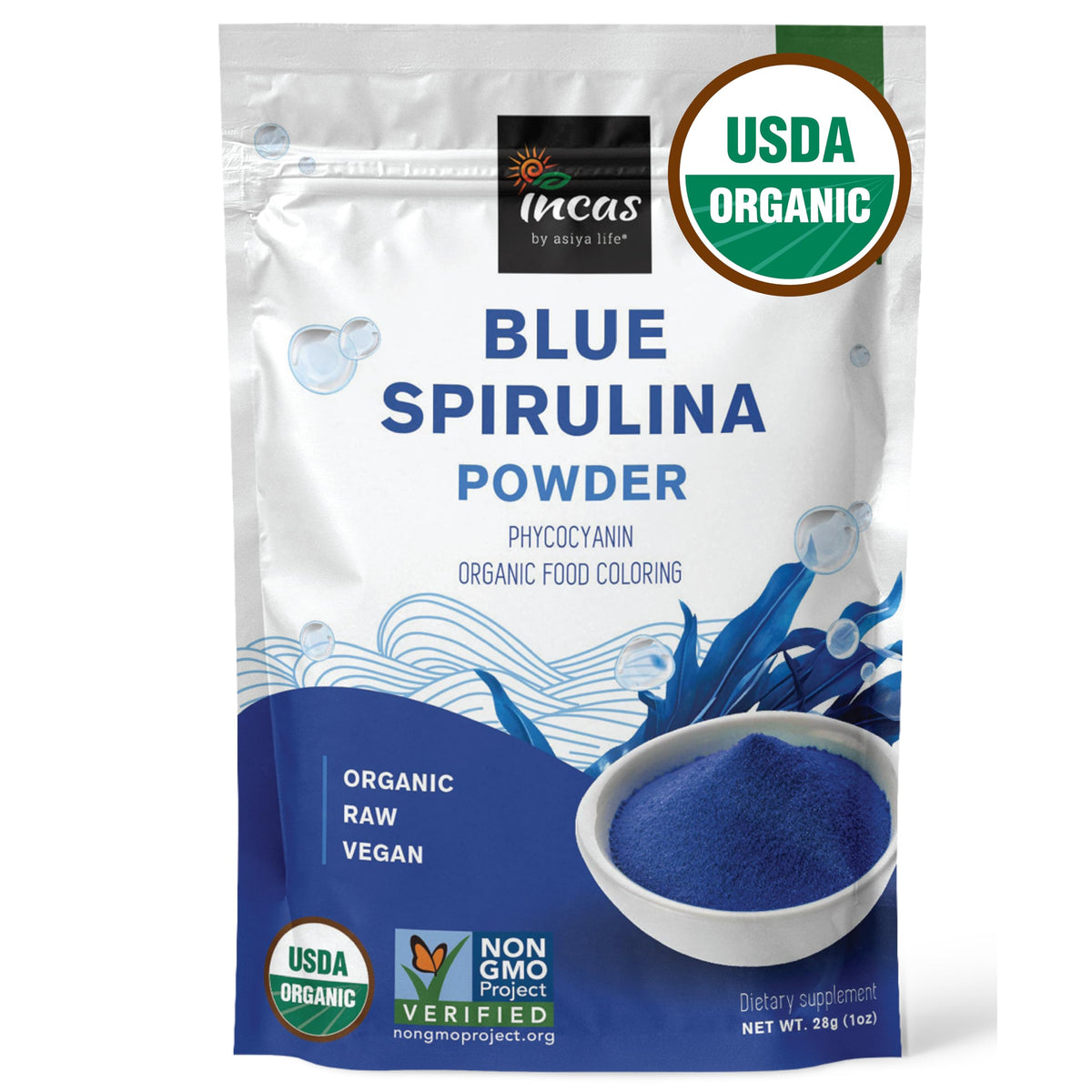 Incas Blue Spirulina powder tub front showing vibrant blue color for smoothies