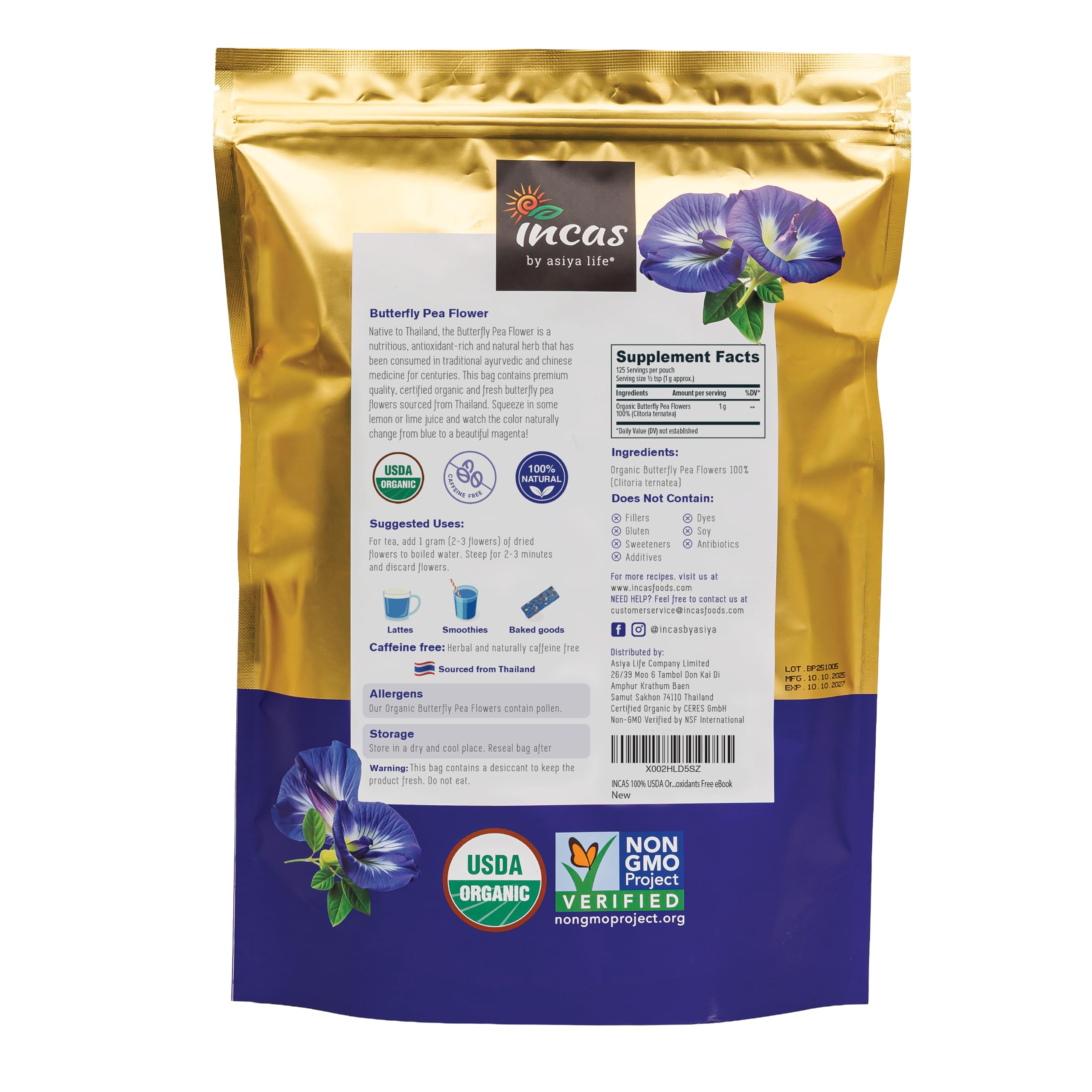 Incas by Asiya Life dried butterfly pea flowers closeup with vibrant color.