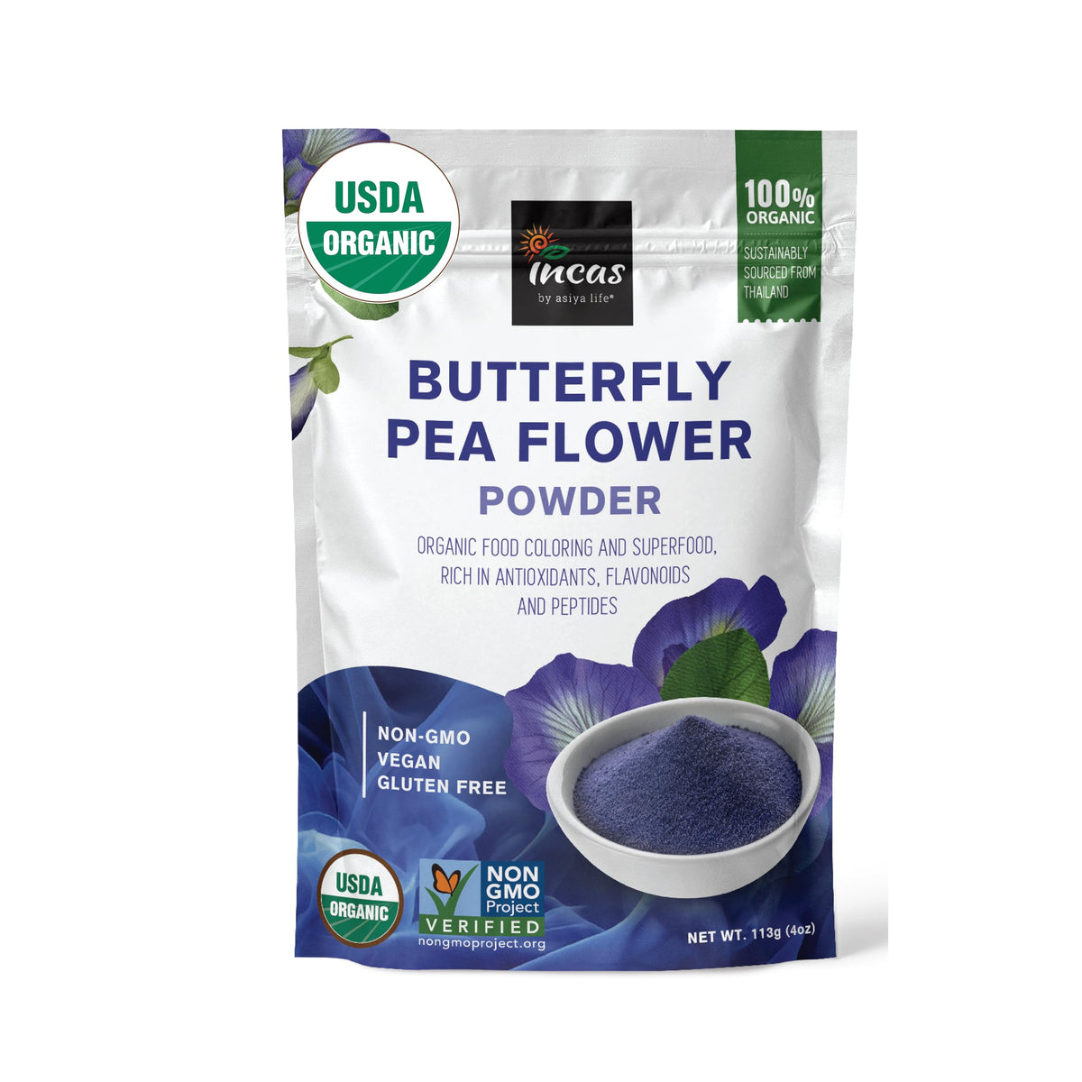 Incas Butterfly Pea Flower Powder bottle—premium organic powder for natural color and flavor.