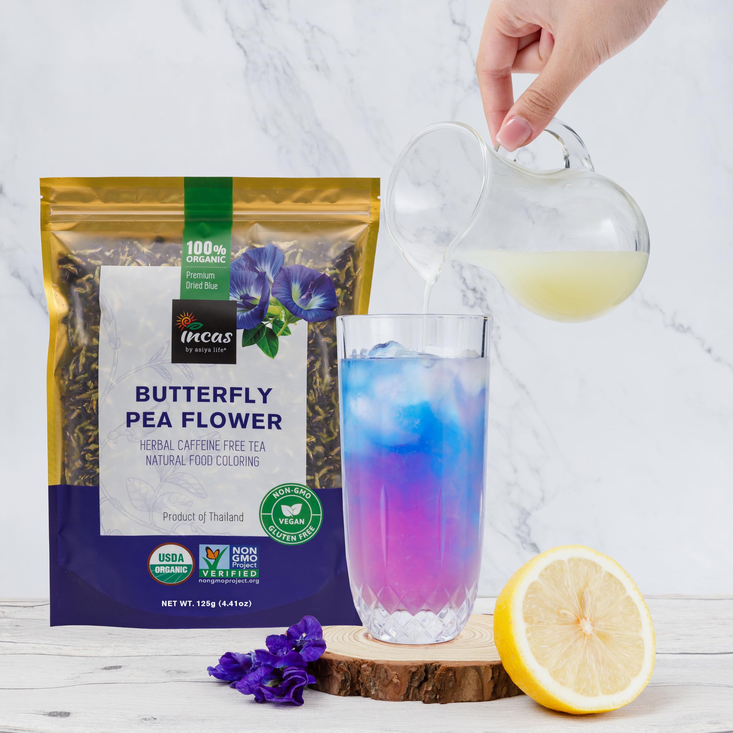 Incas by Asiya Life sustainably sourced butterfly pea flowers from Thailand.