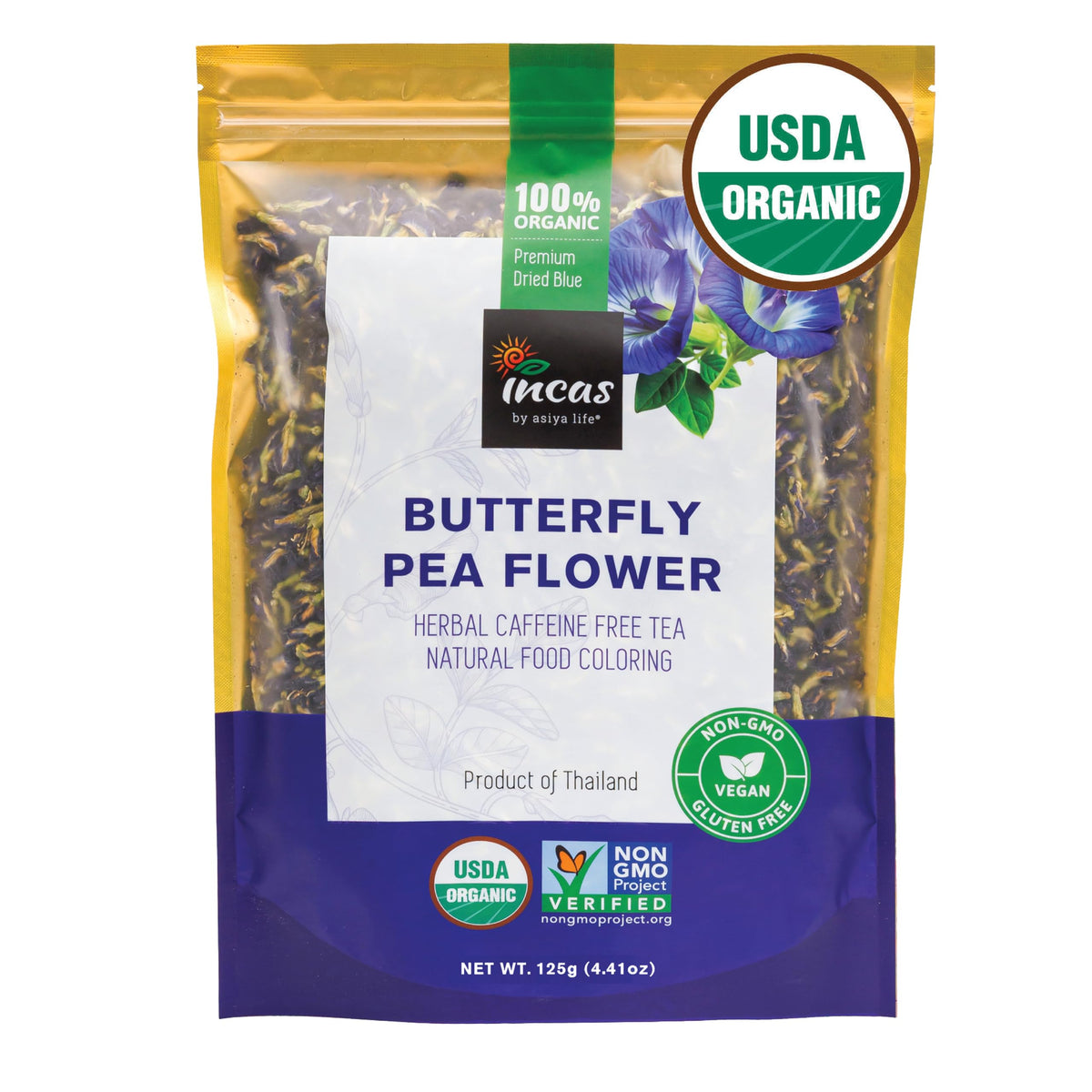 Incas by Asiya Life butterfly pea flower tea packaging showcases premium sourcing.