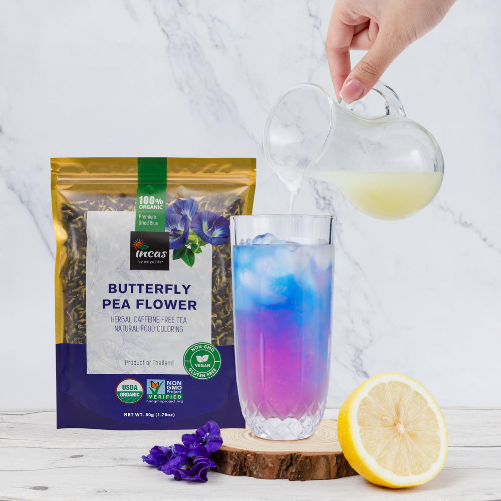 Incas by Asiya Life butterfly pea flower from Thailand highlighting origin.