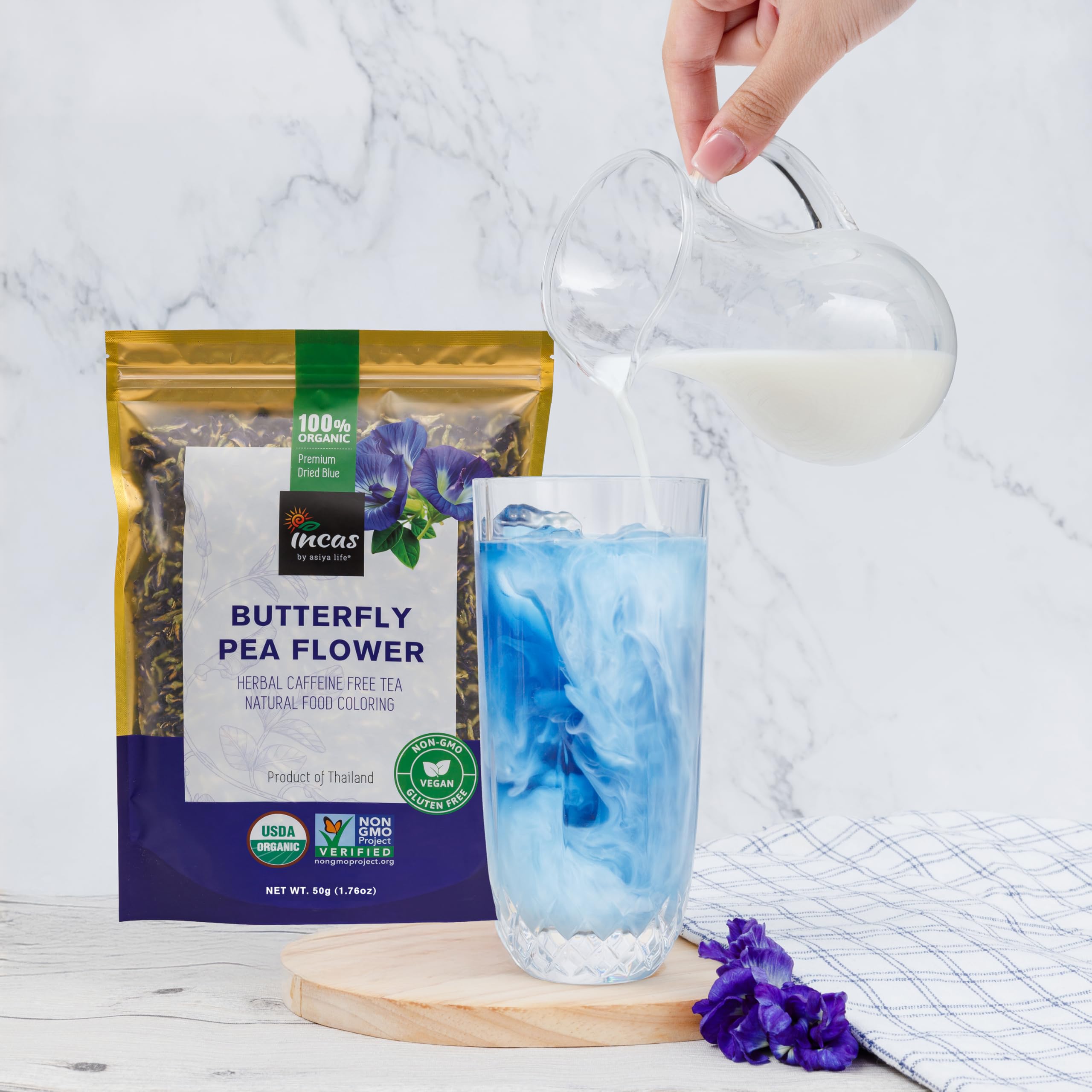 Incas by Asiya Life butterfly pea flower USDA Organic label on packaging.