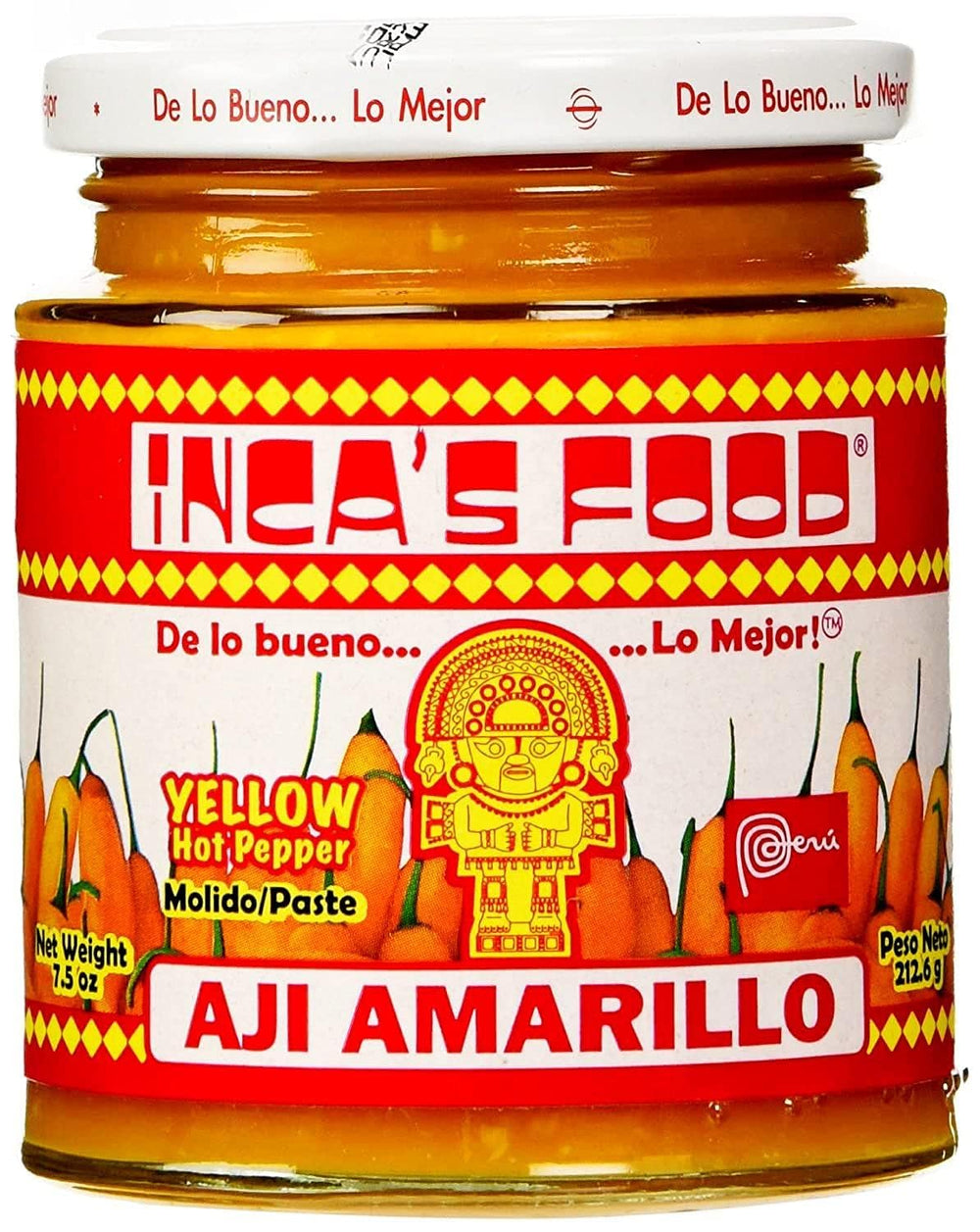 Inca's Food Aji Amarillo paste jar, top view, vibrant color ready to flavor sauces.