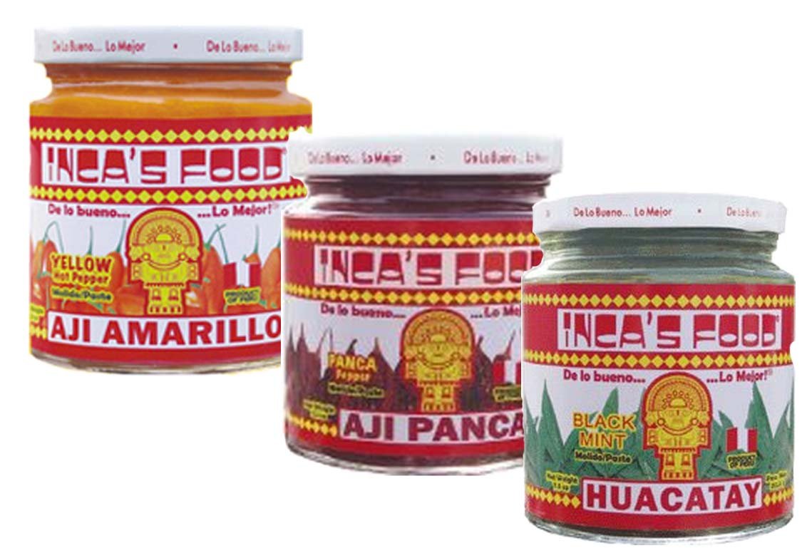 Inca's Food Mixed Sampler jar front view elevates sauces with vibrant Aji Amarillo, Aji Panca, Huacatay.