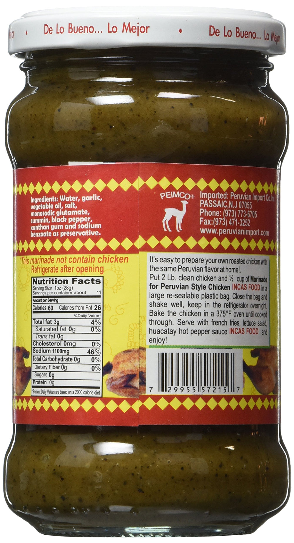 Inca's Food Peruvian chicken marinade label closeup reveals authentic spice blend.