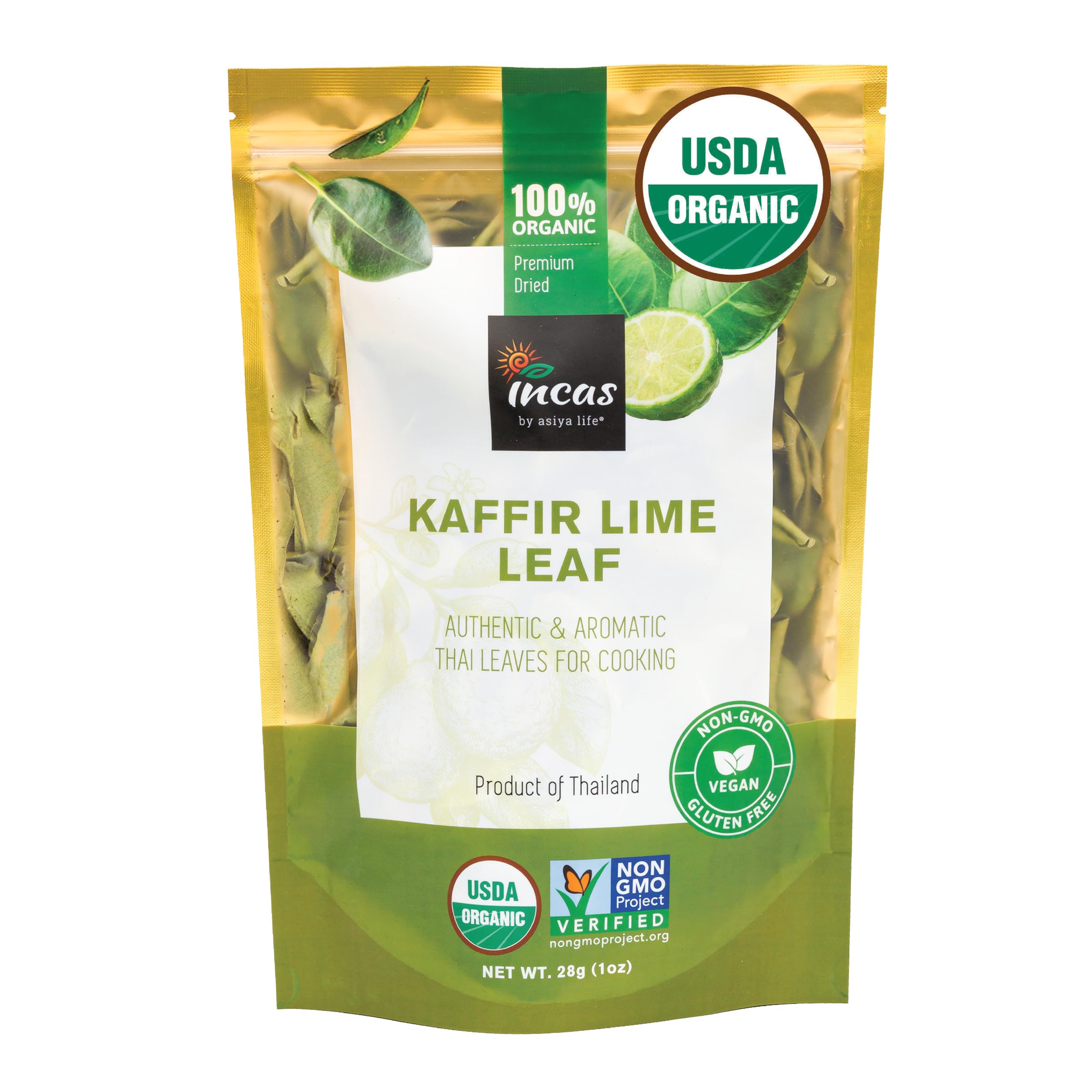 Incas Kaffir lime leaves in bag front for authentic Thai flavor