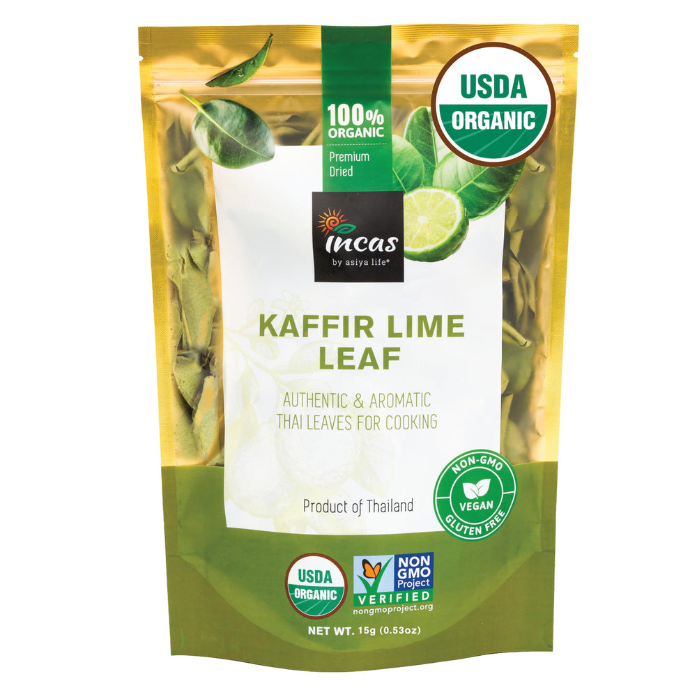 Incas Makrut Lime Leaves pack front showcases authentic Thai aroma for curries and soups