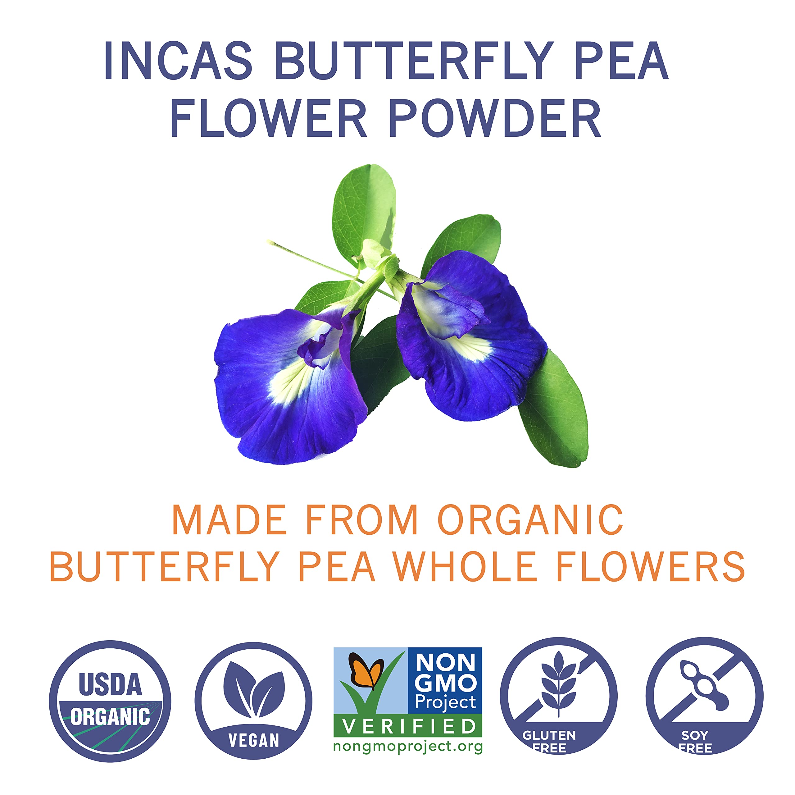 Incas Thai-origin butterfly pea powder sourced from Thailand for authentic color.