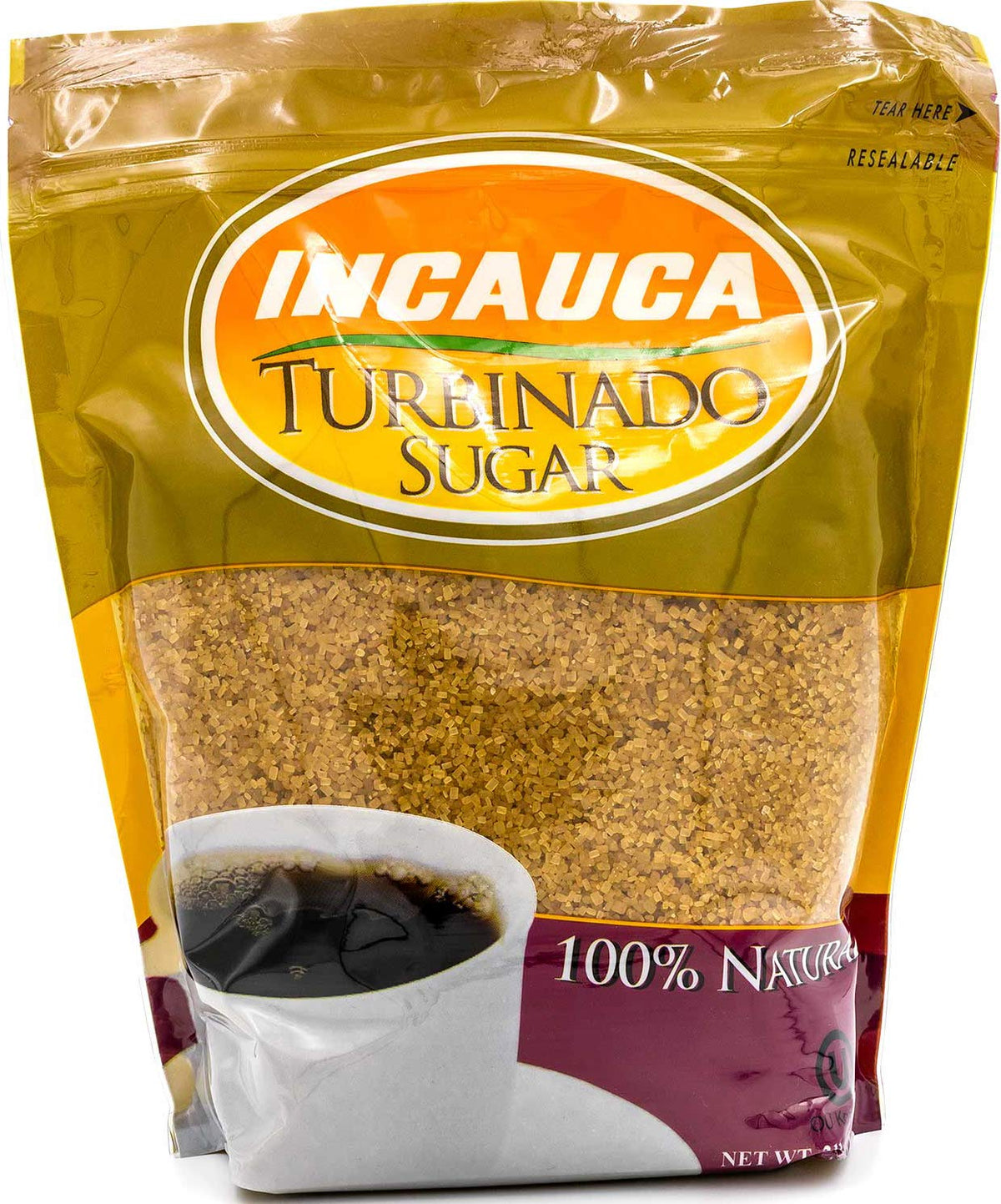 Incauca Sugar Turbinado jar pouring, premium sweetness for baking and beverages.