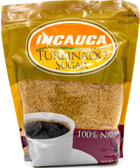 Incauca Sugar Turbinado jar pouring, premium sweetness for baking and beverages.