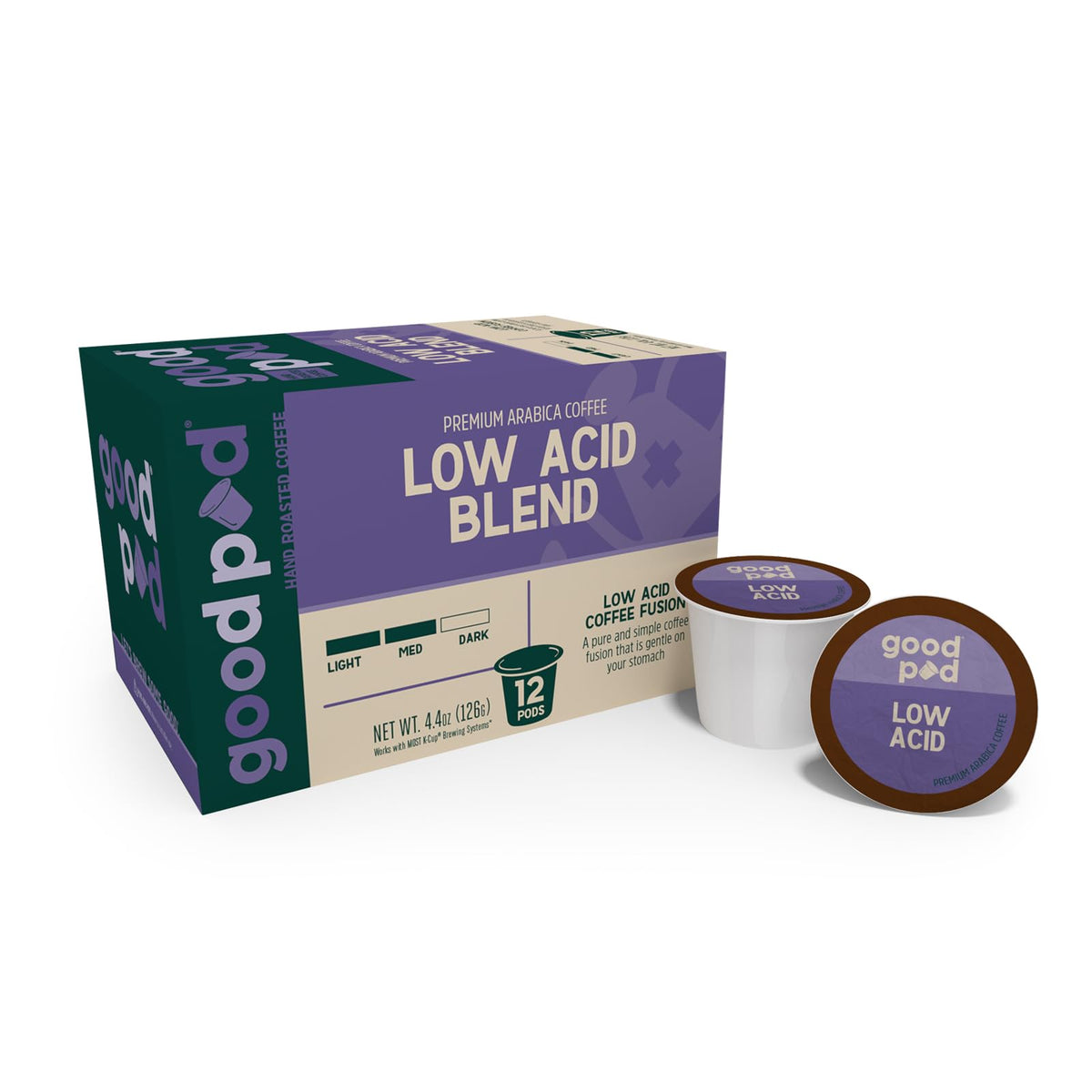 INDEPENDENCE COFFEE CO. goodPOD low acid blend pod, compact single-serve for quick mornings.
