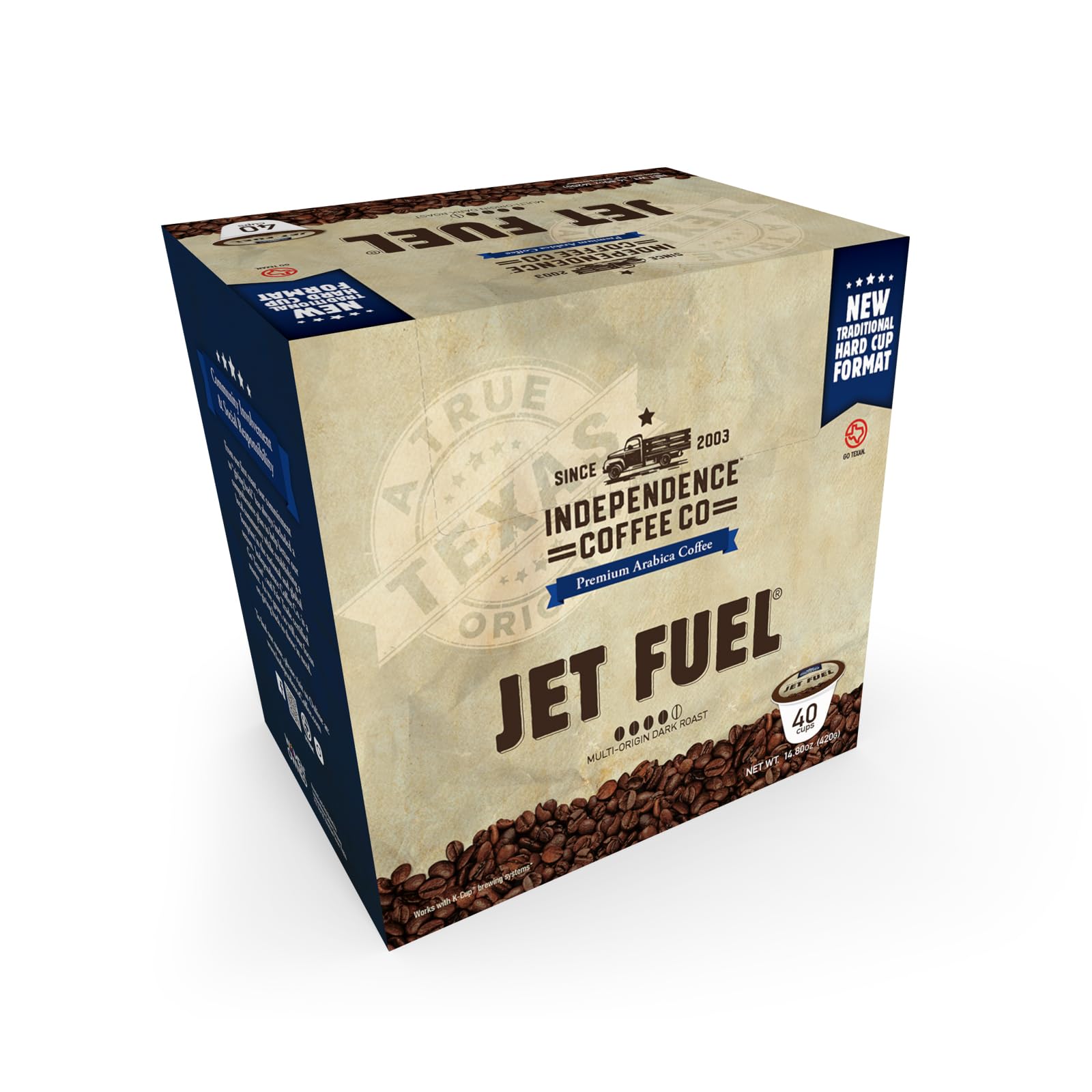 Independence Coffee Co. Jet Fuel packaging highlights Go Texas origin and women-owned certification.