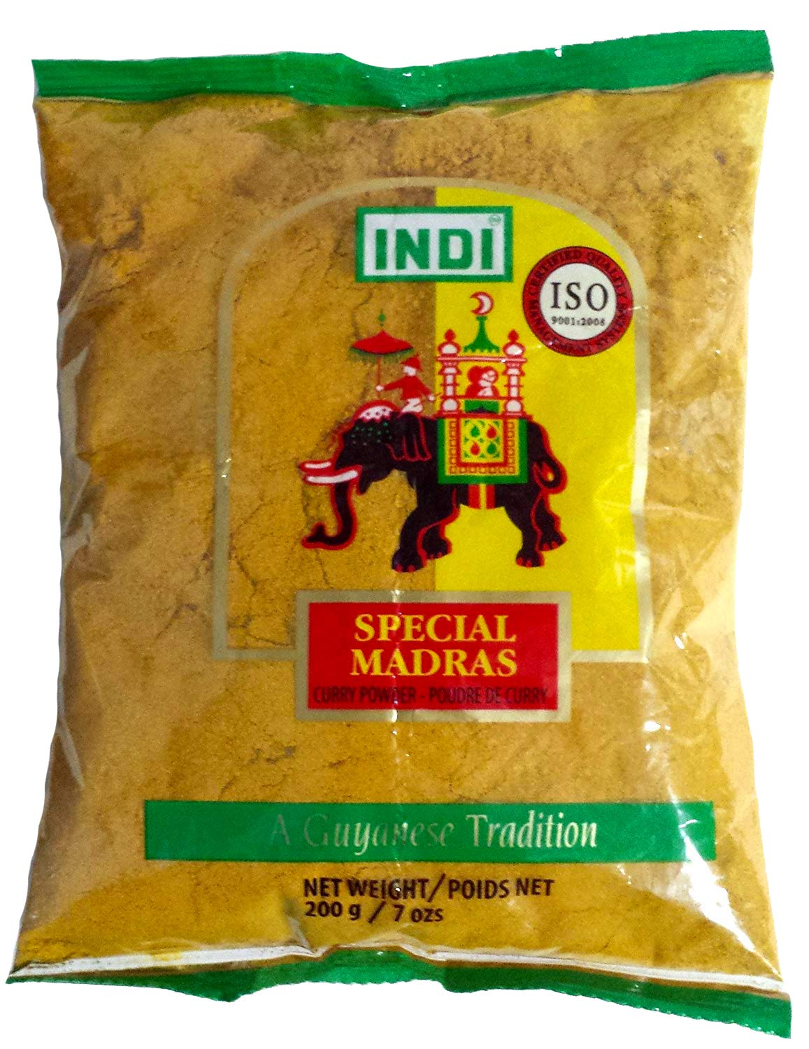 Indi Madras curry powder tin with elephant logo, ideal for authentic curries.