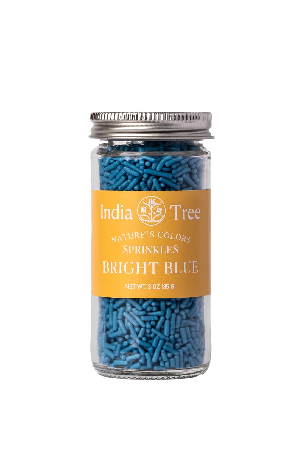 Close-up of India Tree Bright Blue Sprinkles showing natural spirulina coloring.