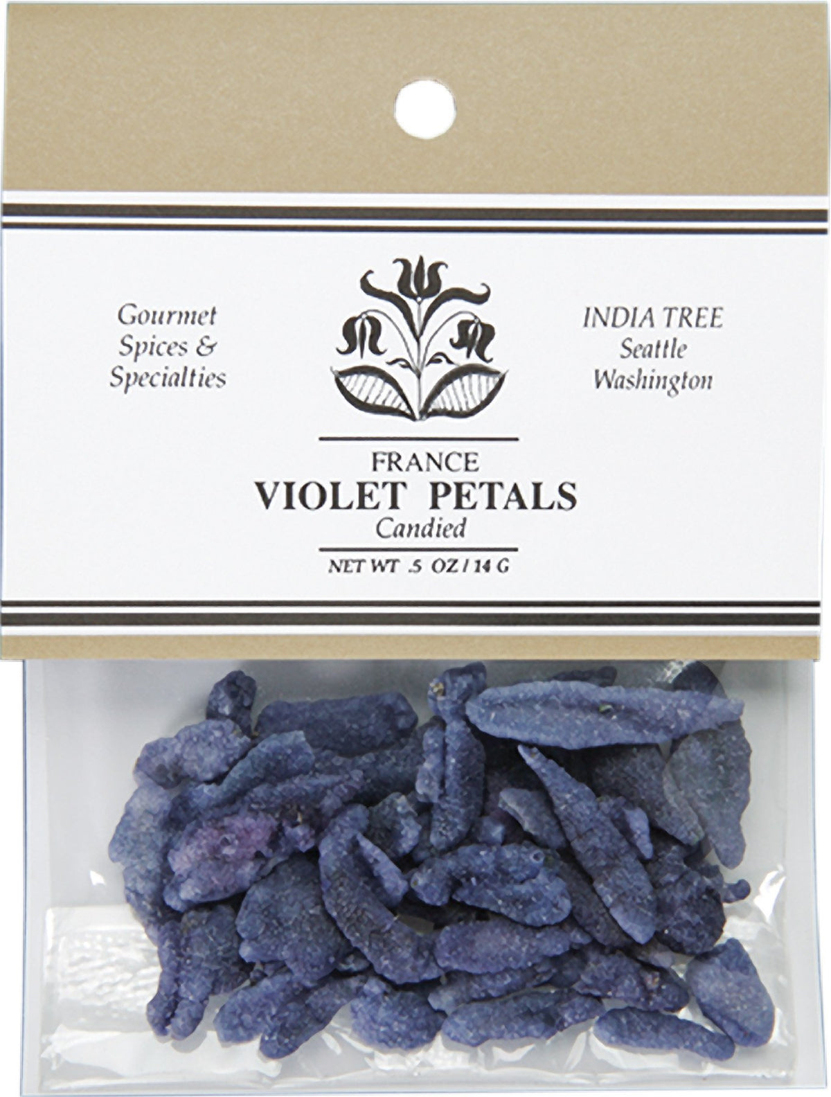 India Tree Candied Violet Petals jar closeup for elegant dessert garnish