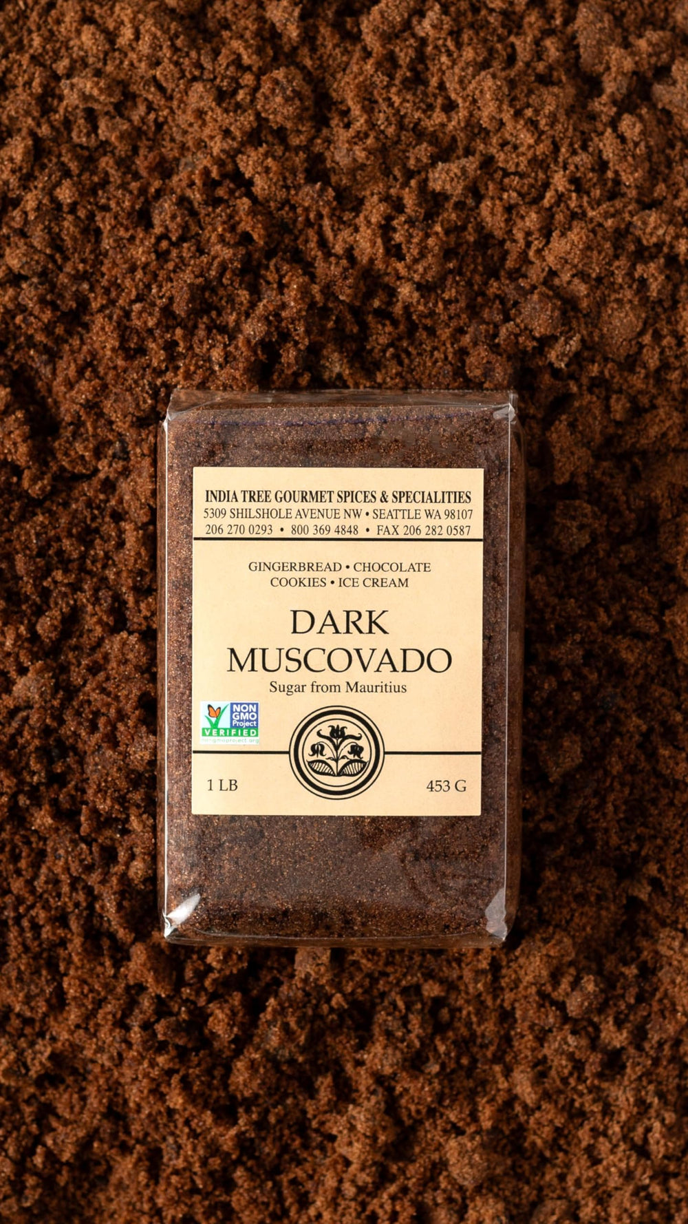 India Tree Dark Muscovado Sugar cane-juice origin visual emphasizes rich baking flavor.