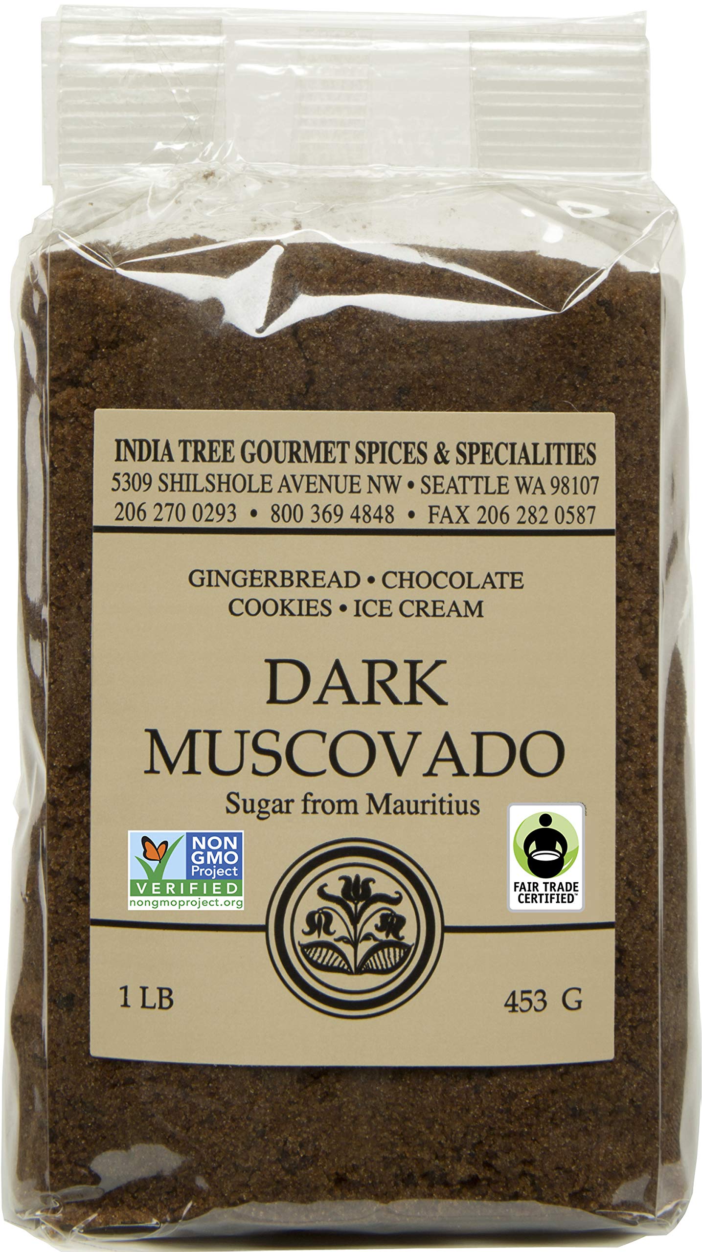 India Tree Dark Muscovado Sugar packaging shown, ideal for premium baking and pantry storage.