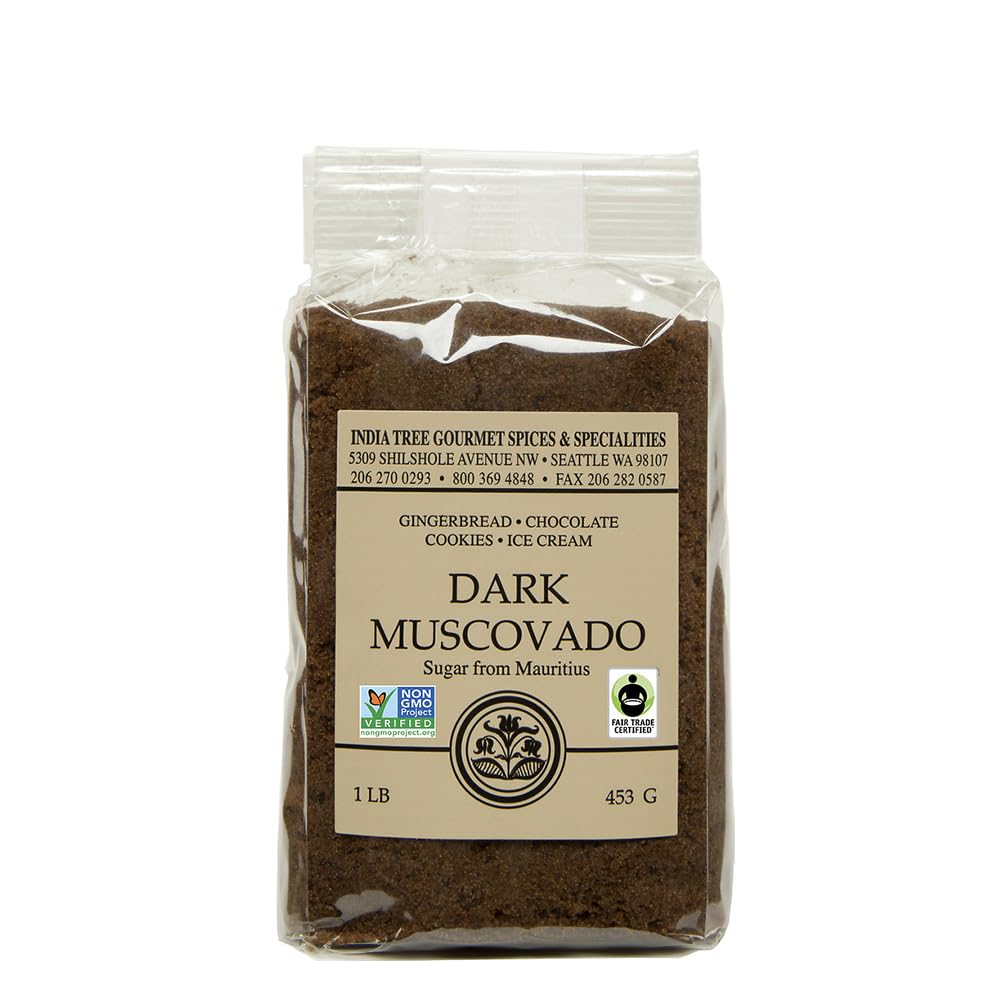 India Tree Dark Muscovado Sugar packaging shows Mauritian origin for premium baking.