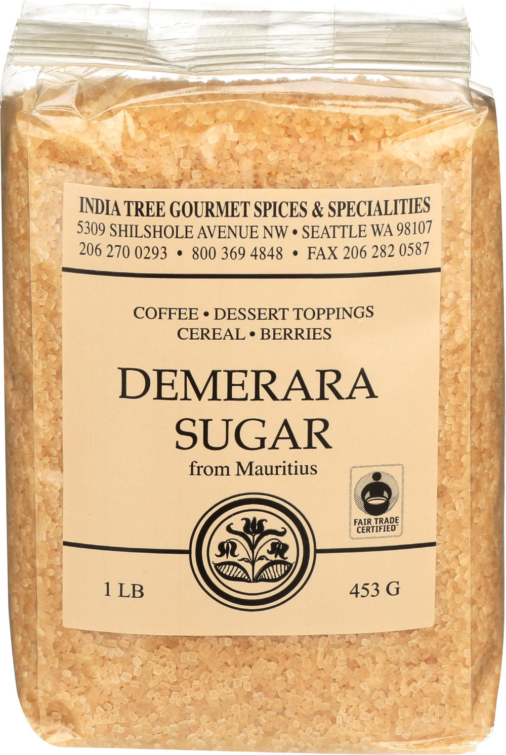 India Tree Demerara Sugar 16oz pack showing large crystals for topping.