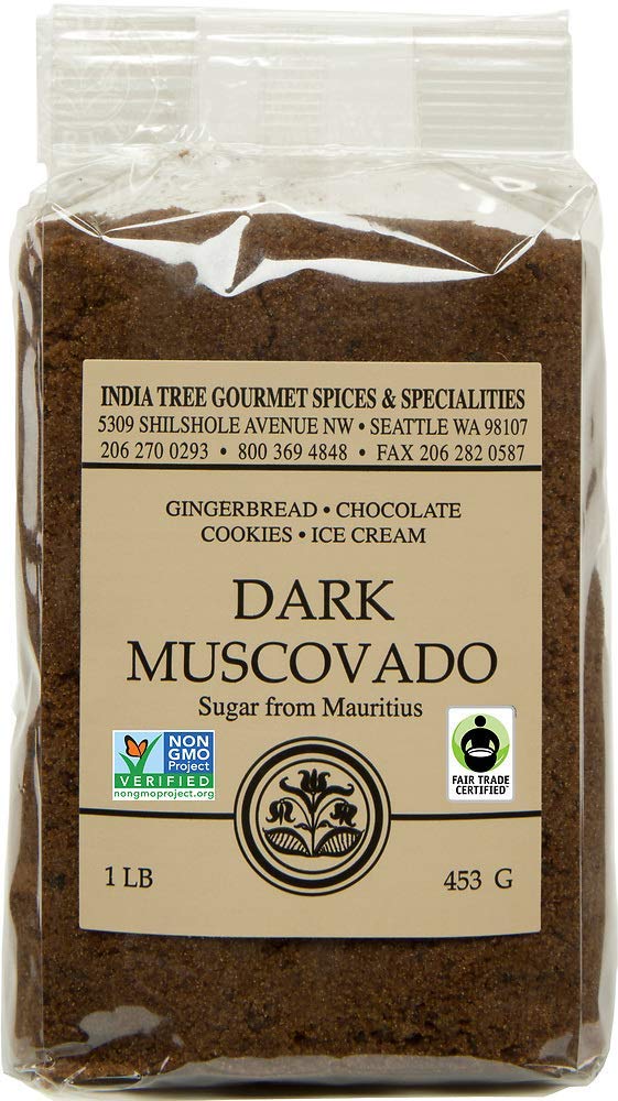 India Tree Dark Muscovado Sugar: rich amber crystals for baking and coffee.