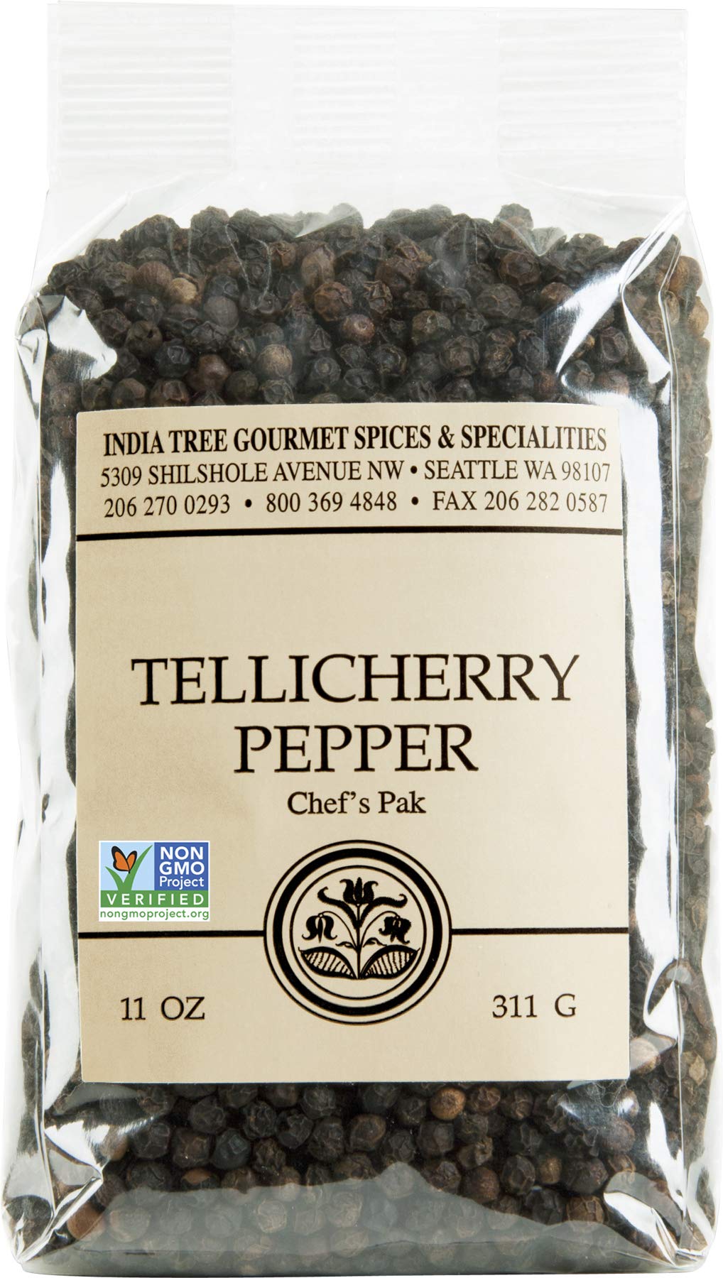 India Tree Tellicherry peppercorns in a bottle ready for fresh grinding at the table