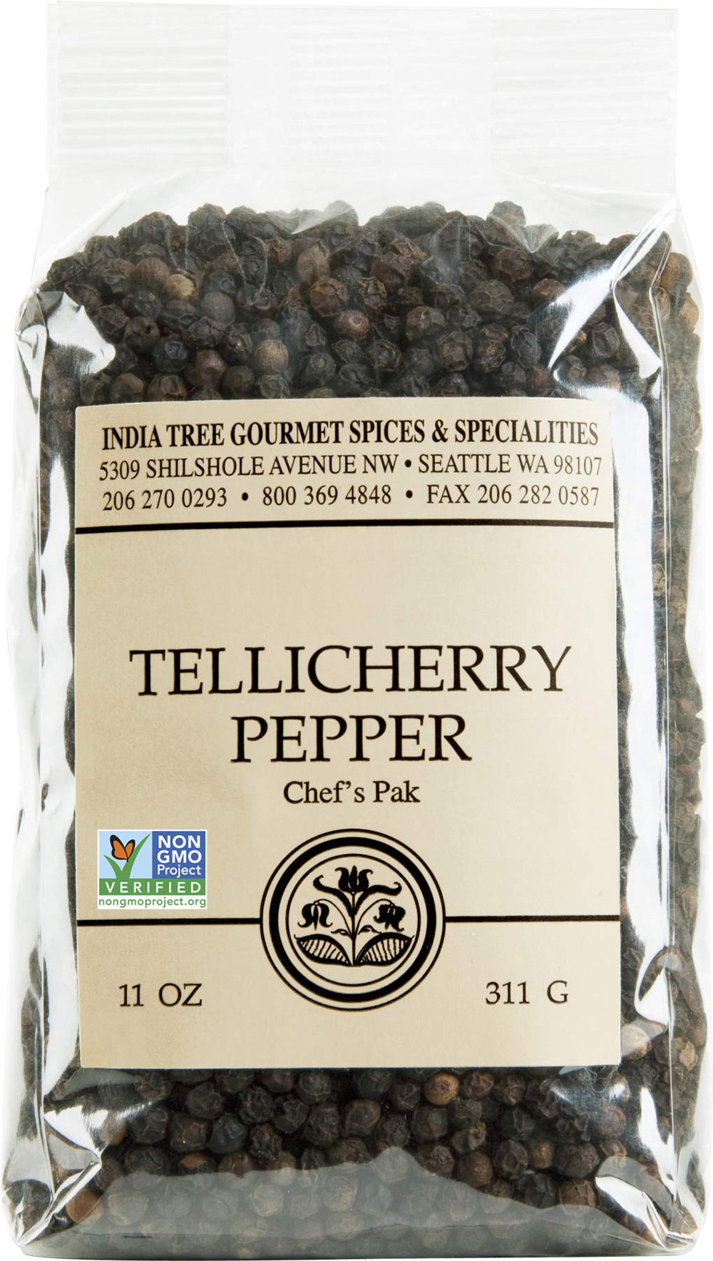 India Tree Tellicherry peppercorns in a bottle ready for fresh grinding at the table