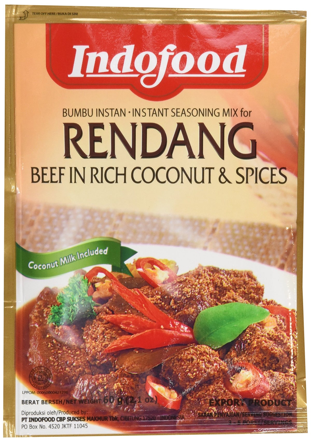 Indofood Bumbu Rendang beef in chilli coconut pack for quick, rich flavor.