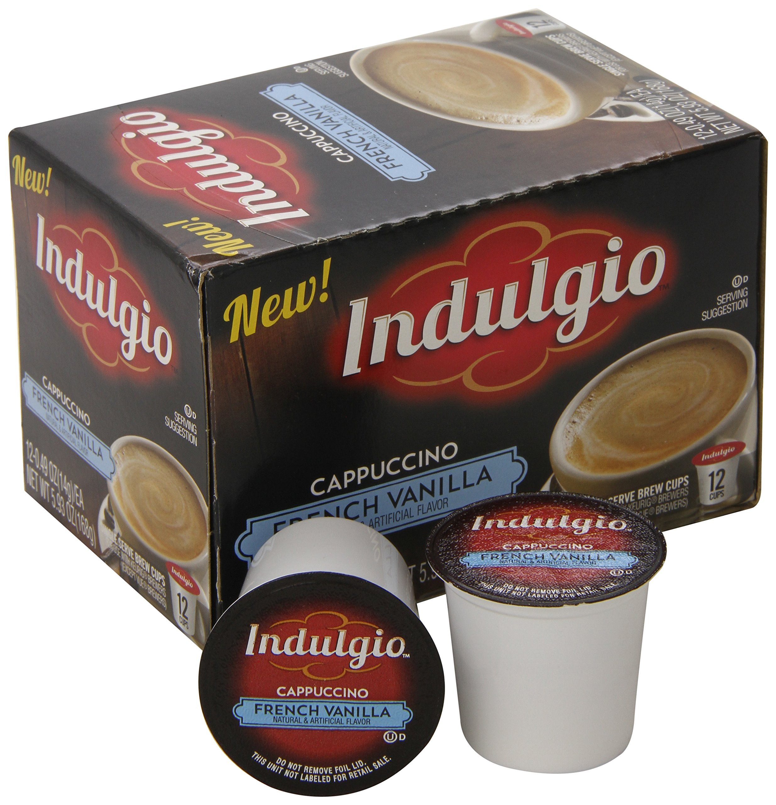 Indulgio Cappuccino French Vanilla cup close highlights creamy texture and aroma.