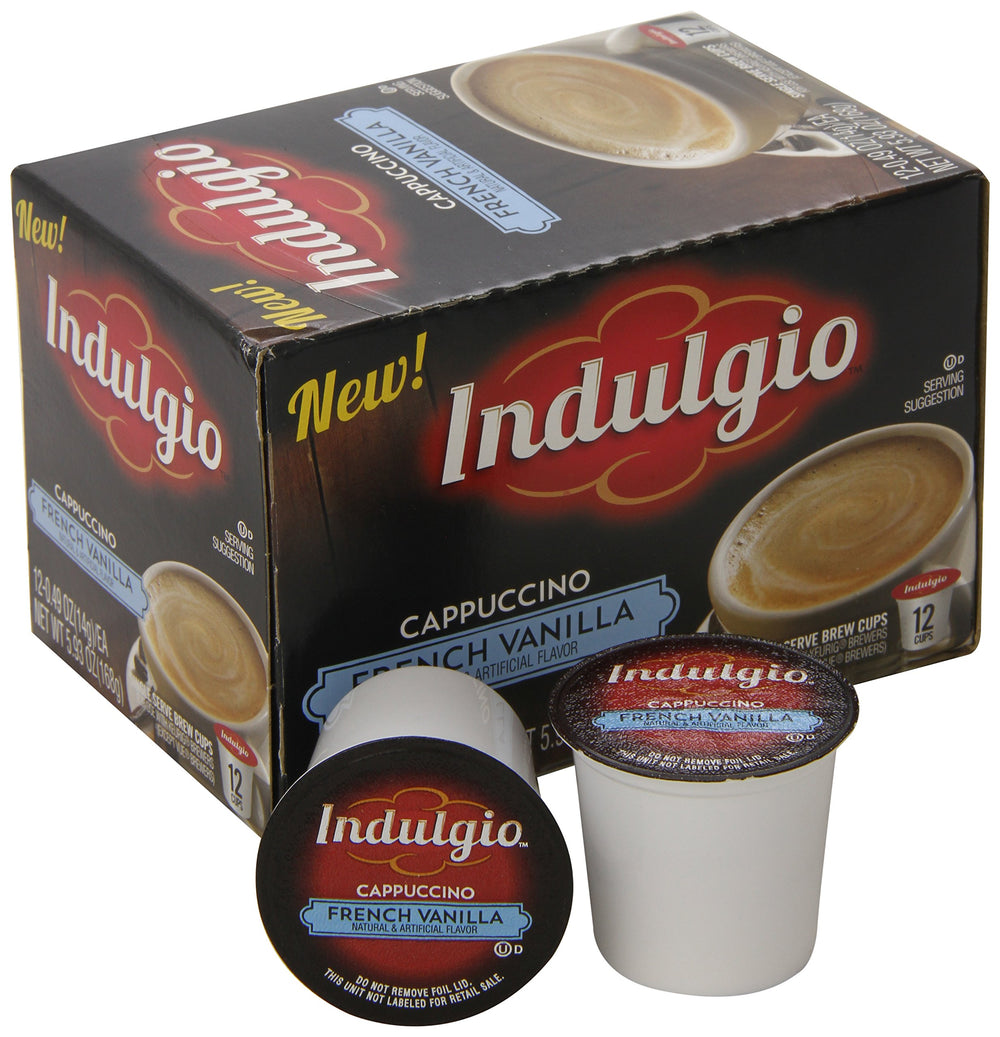 Indulgio Cappuccino French Vanilla cup close highlights creamy texture and aroma.