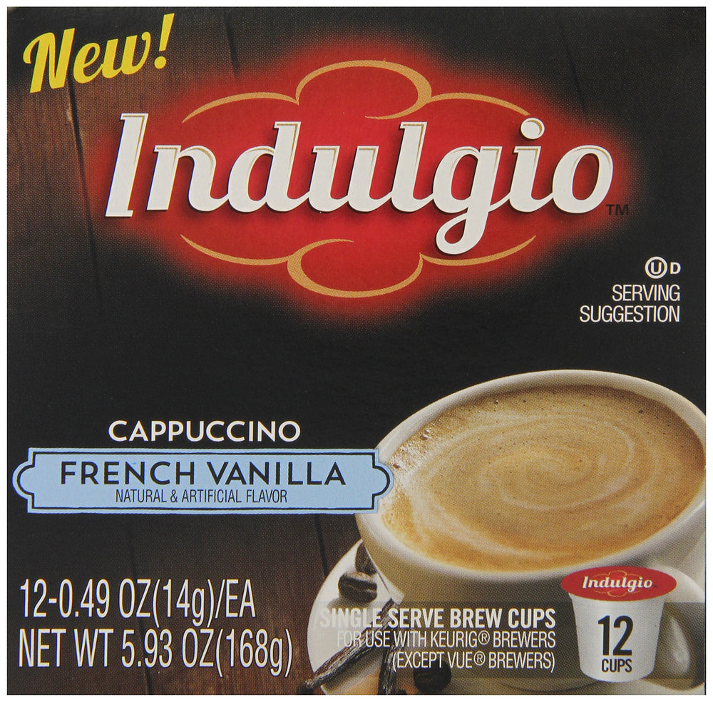 Indulgio Cappuccino French Vanilla Keurig brewer shot demonstrates easy compatibility.