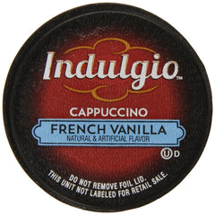 Indulgio Cappuccino French Vanilla pack shot shows convenient single-serve cups for home brewing.