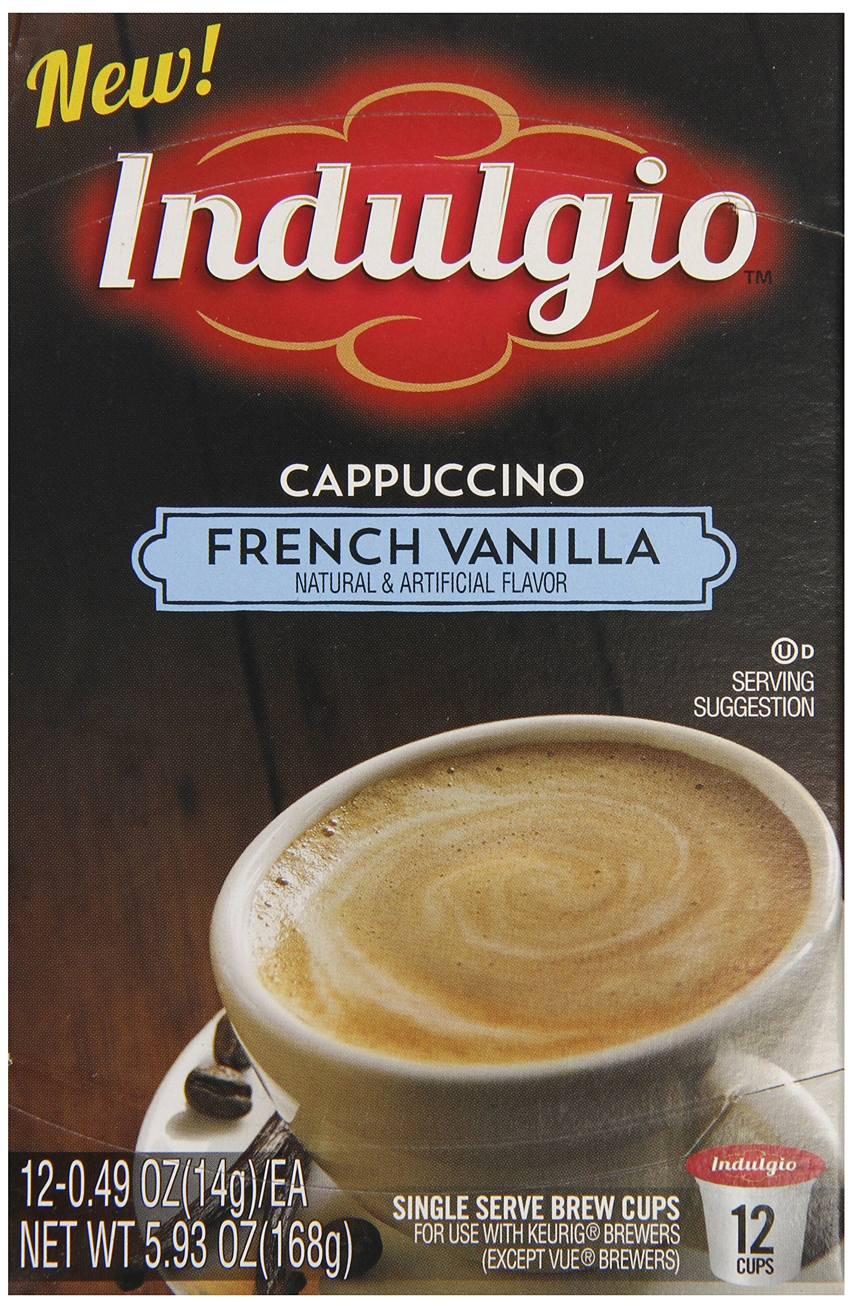 Indulgio Cappuccino French Vanilla packaging display for easy stocking.