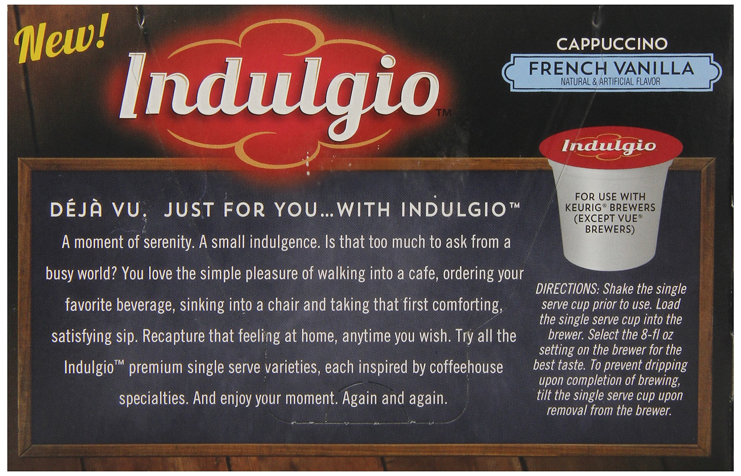 Indulgio Cappuccino French Vanilla steamed milk scene suggests warm, silky texture.