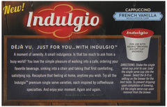 Indulgio Cappuccino French Vanilla steamed milk scene suggests warm, silky texture.