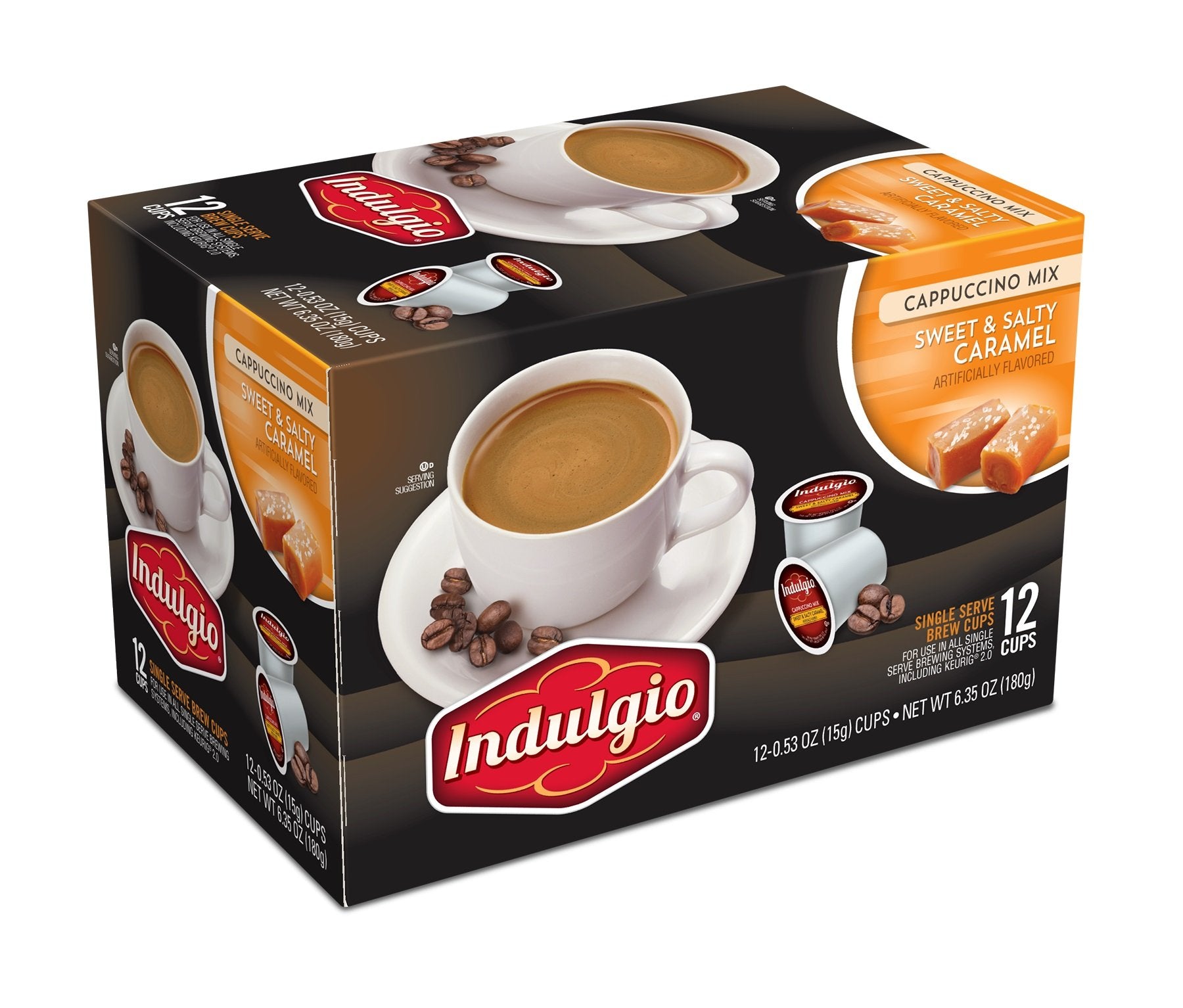 Indulgio Cappuccino packaging showing the 12-count box for quick mornings