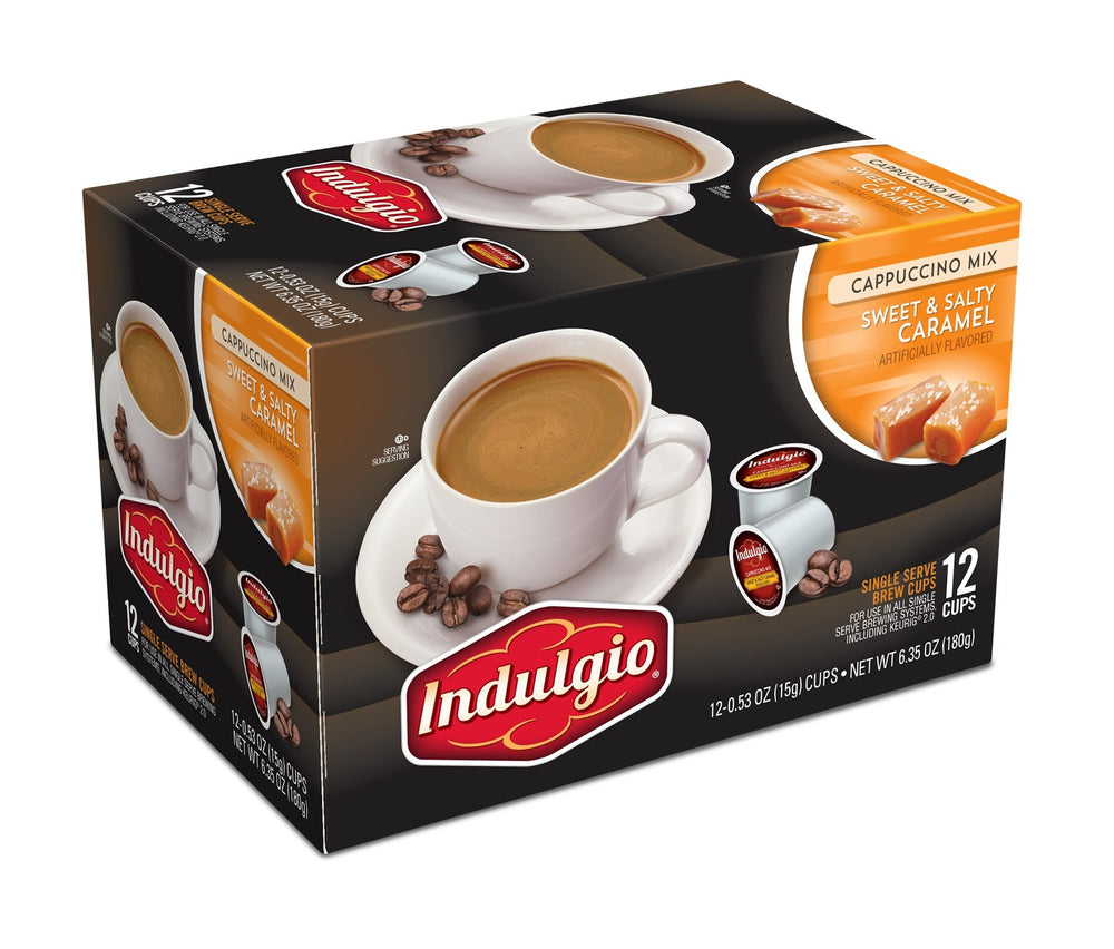 Indulgio Cappuccino packaging showing the 12-count box for quick mornings