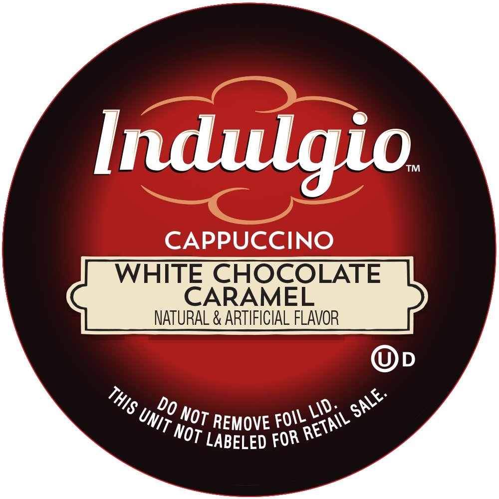 Indulgio Cappuccino white chocolate caramel cups for a creamy, convenient morning pick-me-up