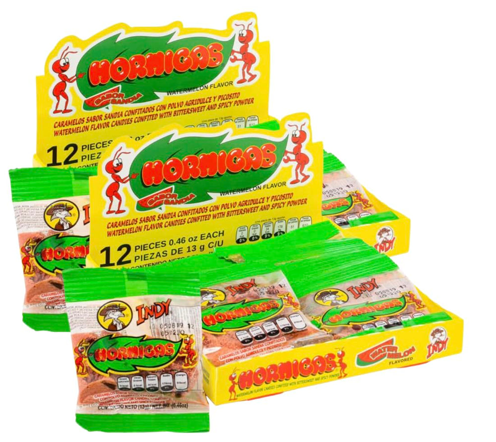 Indy Hormigas Watermelon Candies with spicy powder, ideal as a party snack.
