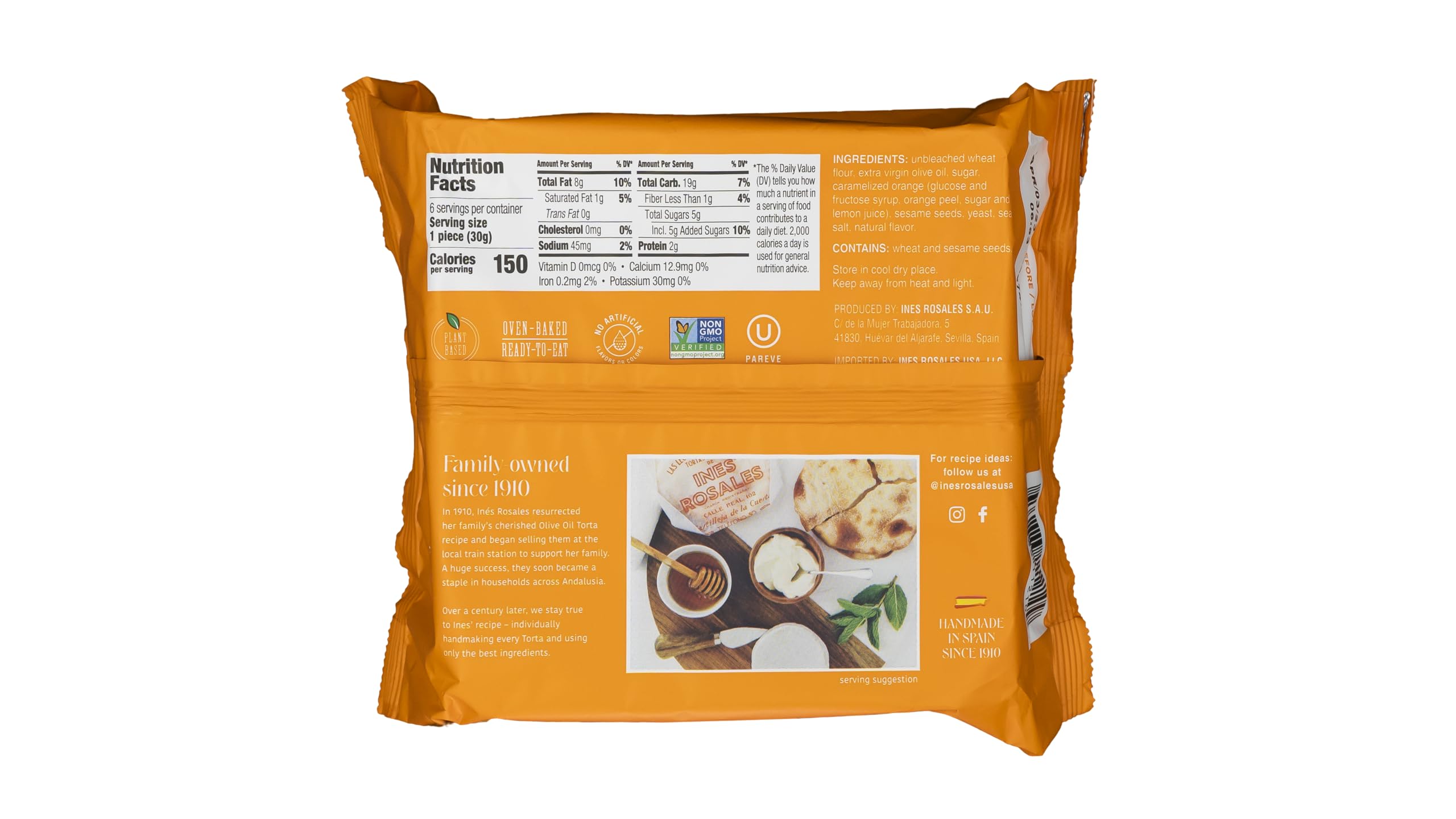 Ines Rosales Sweet Seville Orange Torta ingredients feature olive oil and orange zest, signaling premium flavor.