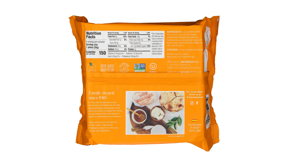 Ines Rosales Sweet Seville Orange Torta ingredients feature olive oil and orange zest, signaling premium flavor.
