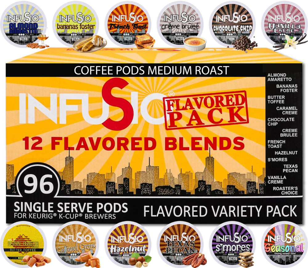 InfuSio 96 cups variety pack shown, broad selection for daily brews