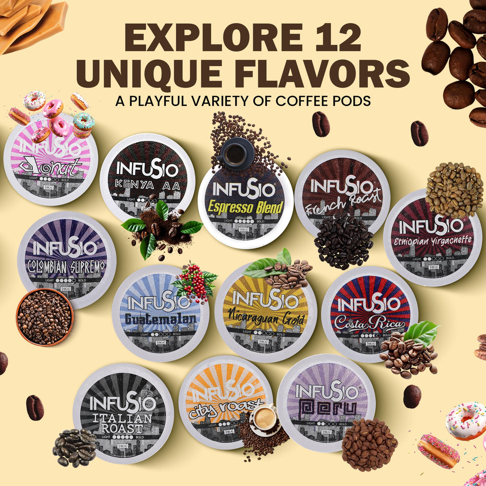 InfuSio coffee pods ready for Keurig K-Cup brewers for quick moments.