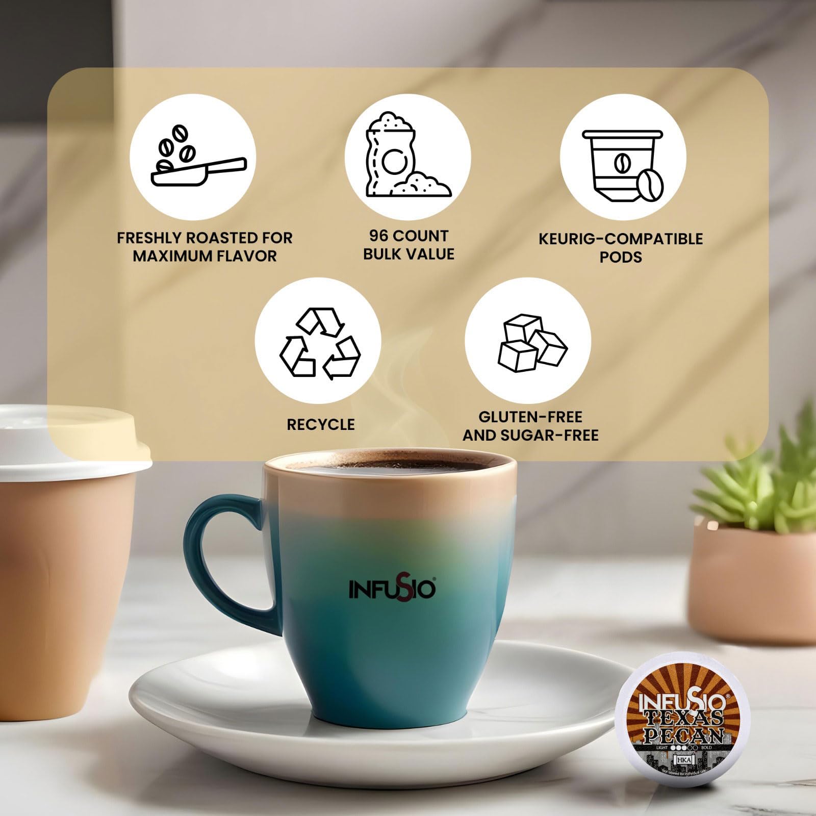InfuSio Keurig-compatible pod for seamless brewing with 2.0 models.