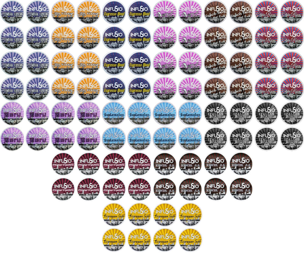 InfuSio Variety Pack box display with 96 cups for home tasting.