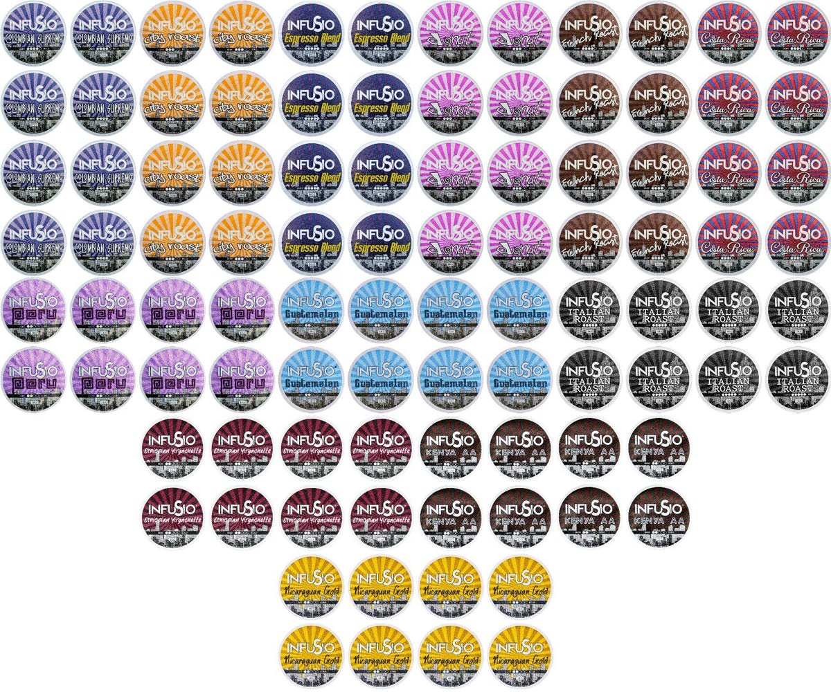 InfuSio Variety Pack box display with 96 cups for home tasting.