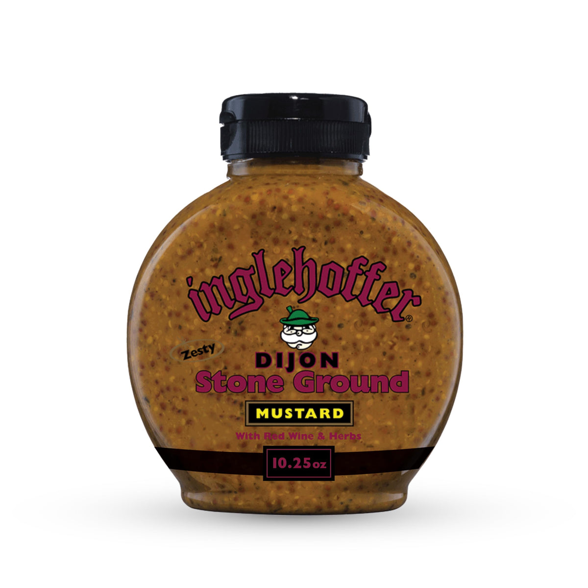 Inglehoffer Dijon stone-ground mustard bottle pouring to season burgers and sandwiches.