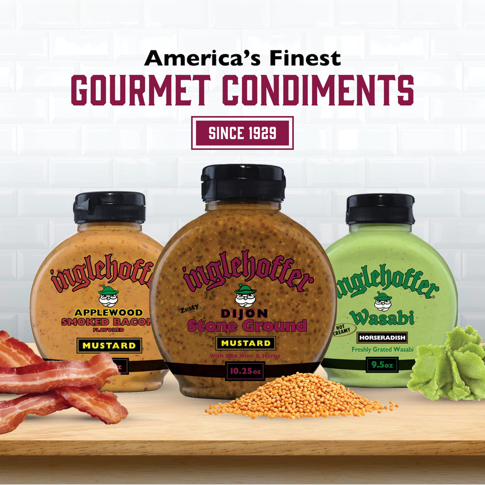 Inglehoffer Dijon stone-ground mustard on grilled chicken for bold seasoning.