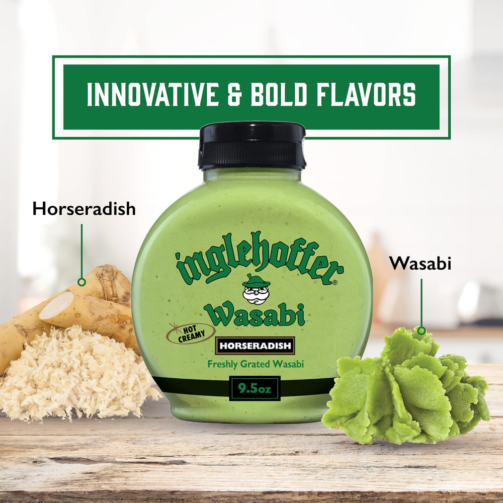 Label detail highlights fresh wasabi and horseradish roots for spicy depth